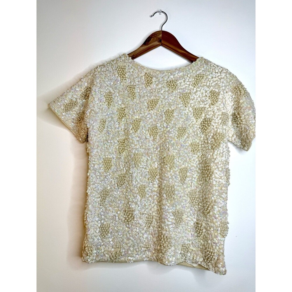 Vintage Imperial Imports Hand Beaded Sequin Pearl Ivory Wool Top Blouse Size 34